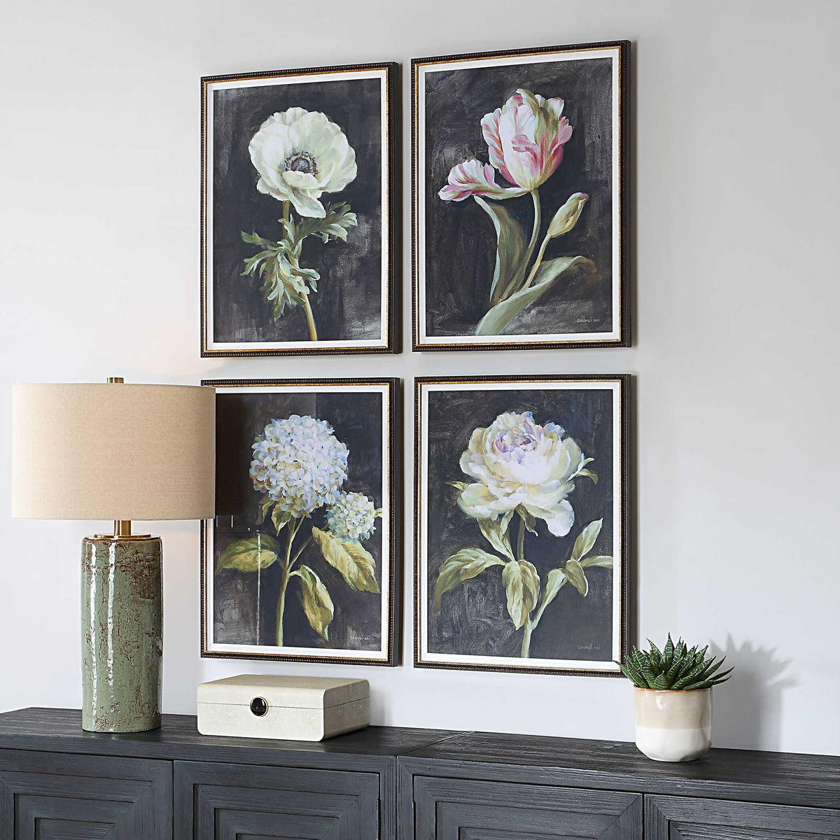 Florals On Black Gold Framed Prints (Set of 4) - Ornate Home