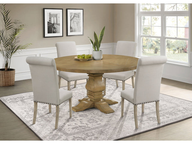 Florence Rustic Honey 5-piece Round Dining Room Set with Scroll Chair - Ornate Home
