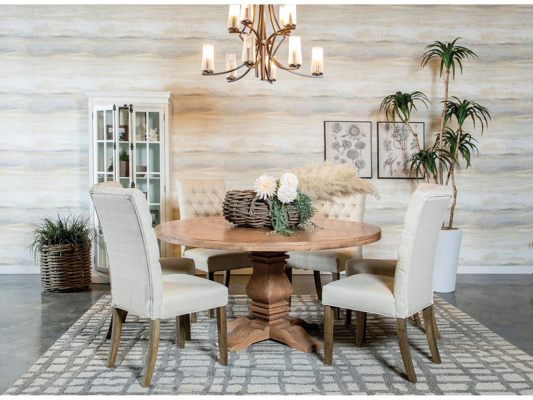Florence Rustic Honey 7-piece Round Dining Room Set with Tufted Chair - Ornate Home