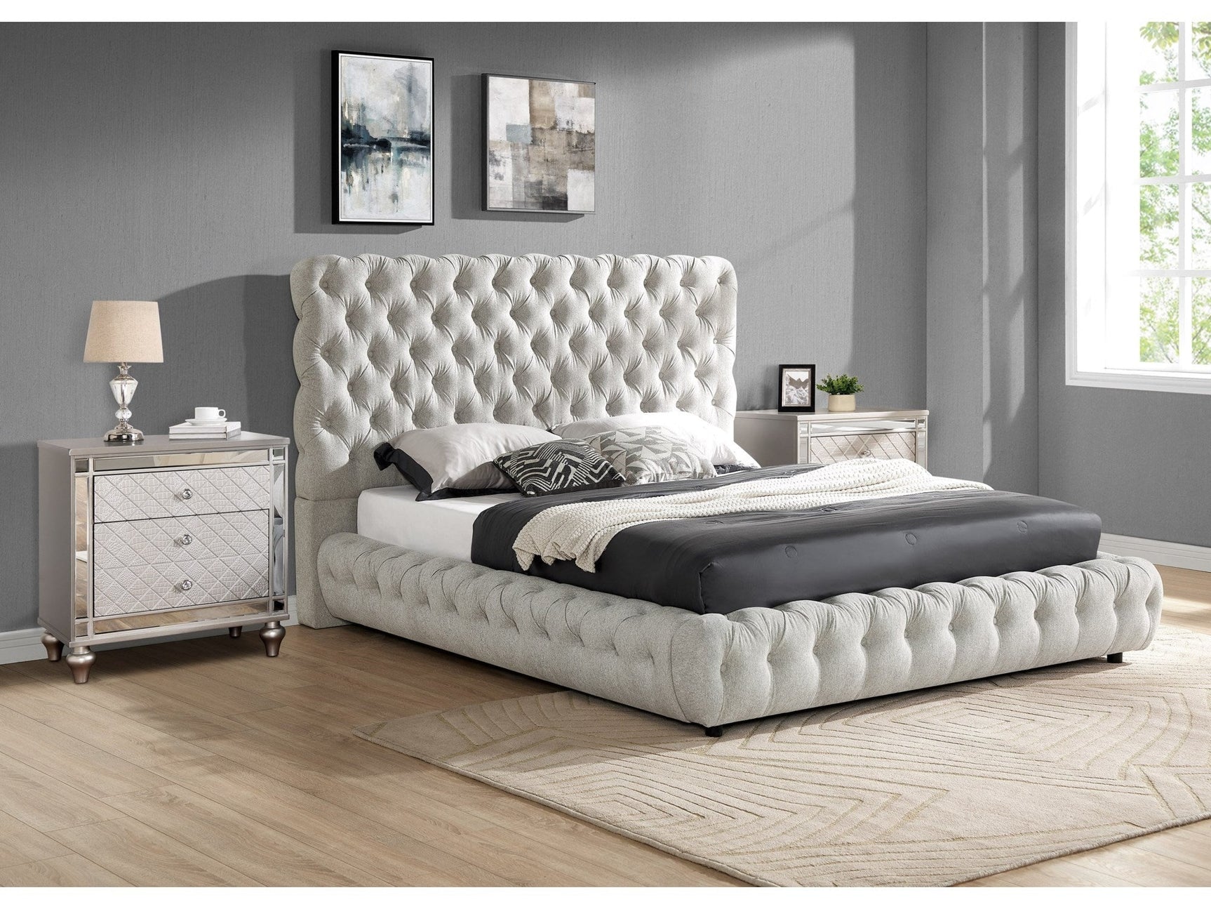 Flory Dove Gray Upholstered Platform Bed - Ornate Home