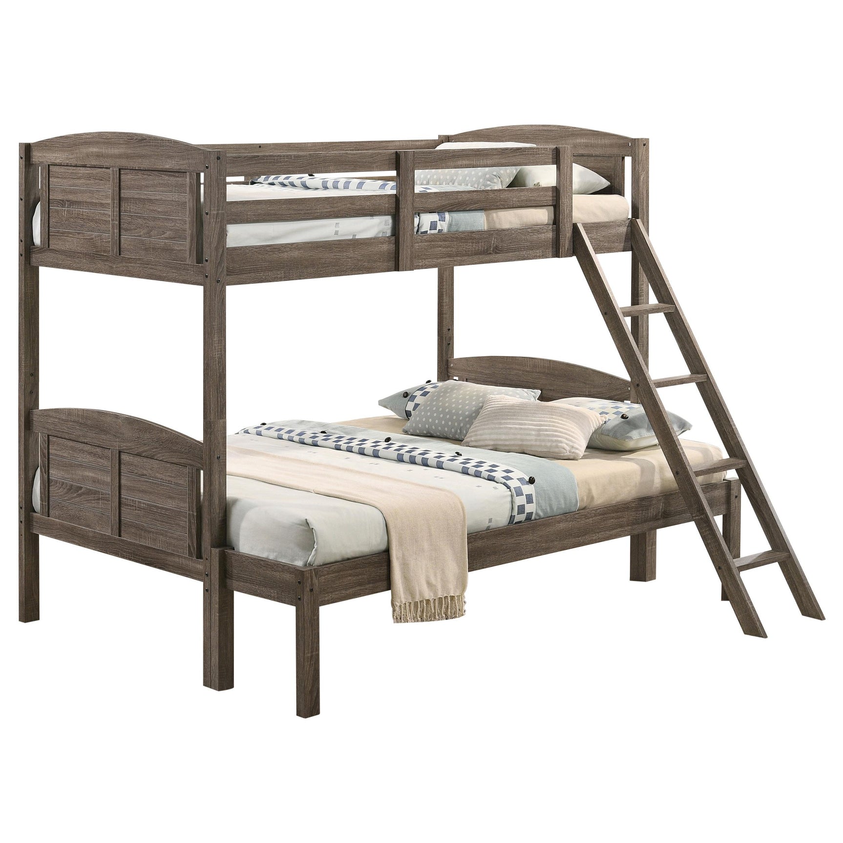 Flynn Weathered Brown Wood Twin Over Full Bunk Bed with Mattress - Ornate Home