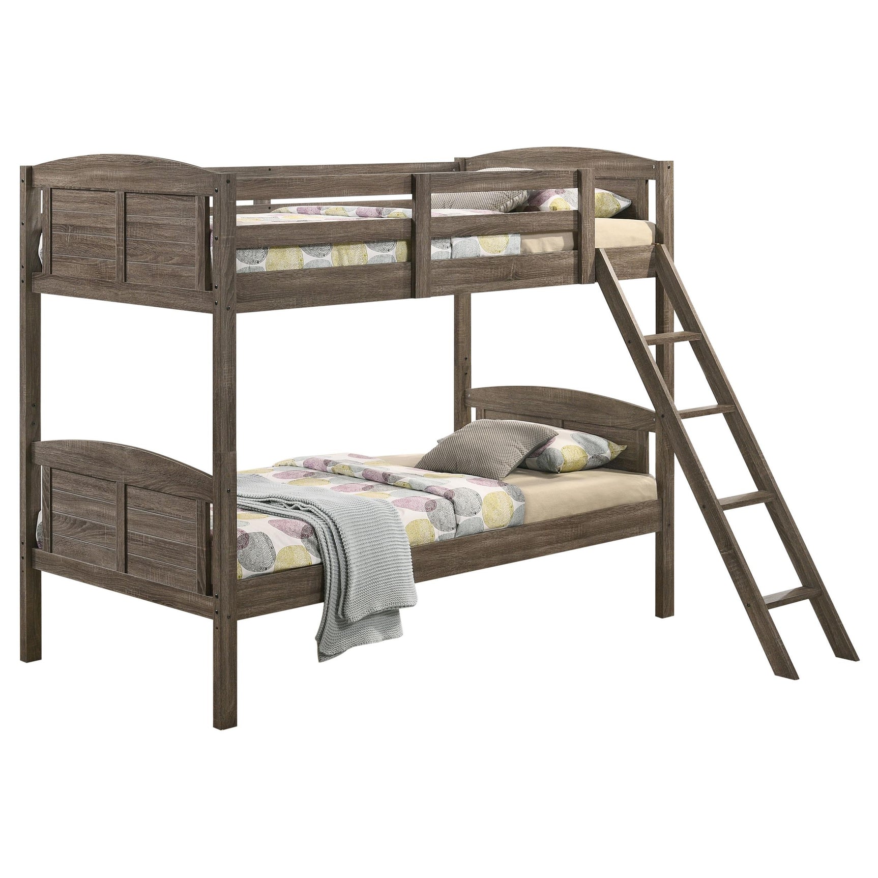 Flynn Weathered Brown Wood Twin Over Twin Bunk Bed with Mattress - Ornate Home