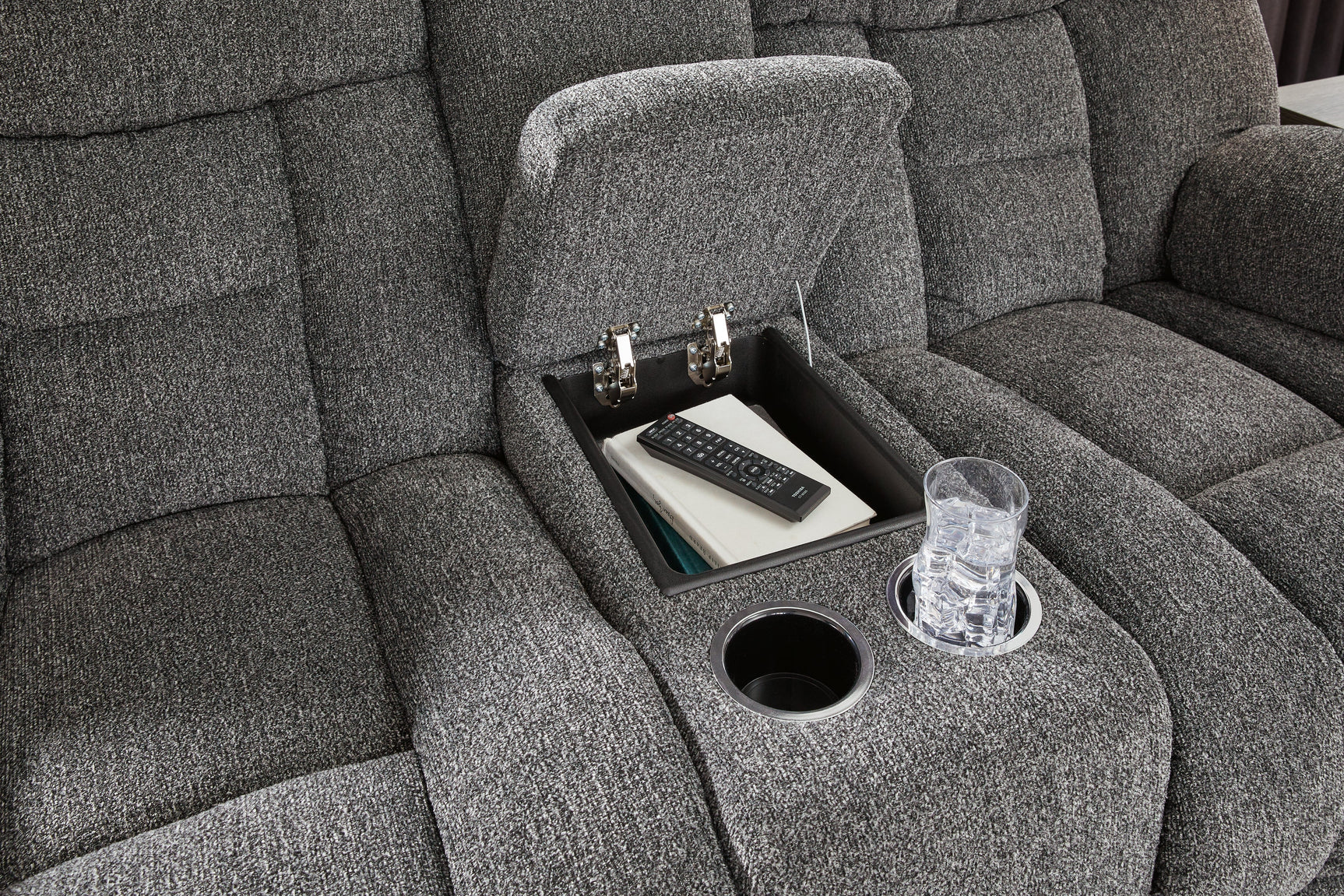 Foreside Charcoal Reclining Loveseat w/Console (Online Special Price) - Ornate Home