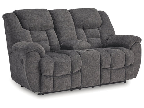 Foreside Charcoal Reclining Loveseat w/Console - Ornate Home