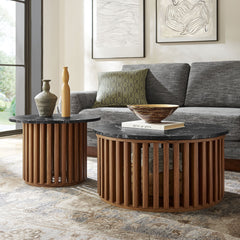 Fortitude Walnut/Black Round Faux Marble Top Nesting Coffee Table - Ornate Home