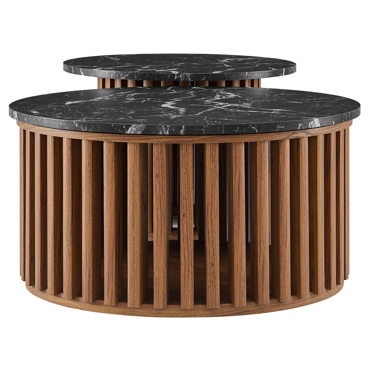 Fortitude Walnut/Black Round Faux Marble Top Nesting Coffee Table - Ornate Home
