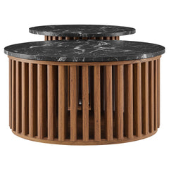 Fortitude Walnut/Black Round Faux Marble Top Nesting Coffee Table - Ornate Home