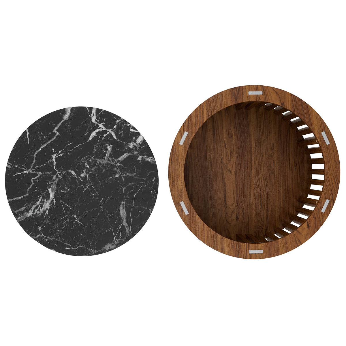 Fortitude Walnut/Black Round Faux Marble Top Nesting Coffee Table - Ornate Home