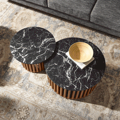 Fortitude Walnut/Black Round Faux Marble Top Nesting Coffee Table - Ornate Home
