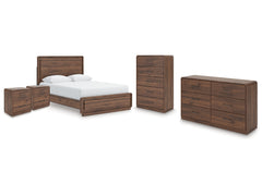 Fortlorn Walnut Brown Queen Panel Bed, Dresser, Chest and 2 Nightstands - Ornate Home