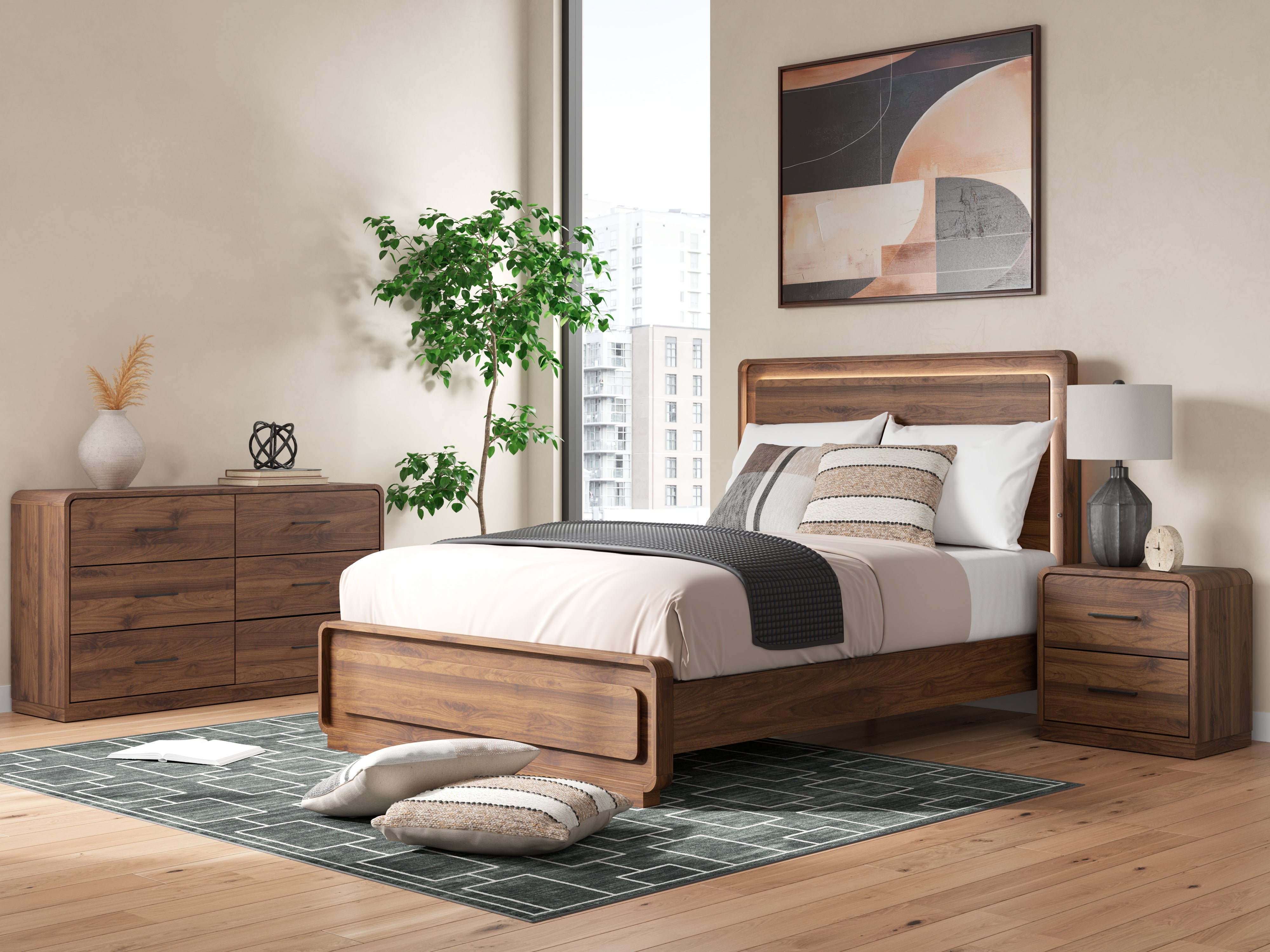 Ashley Furniture Fortlorn Walnut Brown Queen Panel Bed, Dresser and Nightstand