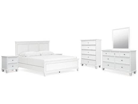 Fortman White King Panel Bedroom Set with Dresser, Mirror, Chest and 2 Nightstands - Ornate Home