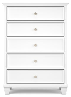 Fortman White King Panel Bedroom Set with Dresser, Mirror, Chest and 2 Nightstands - Ornate Home
