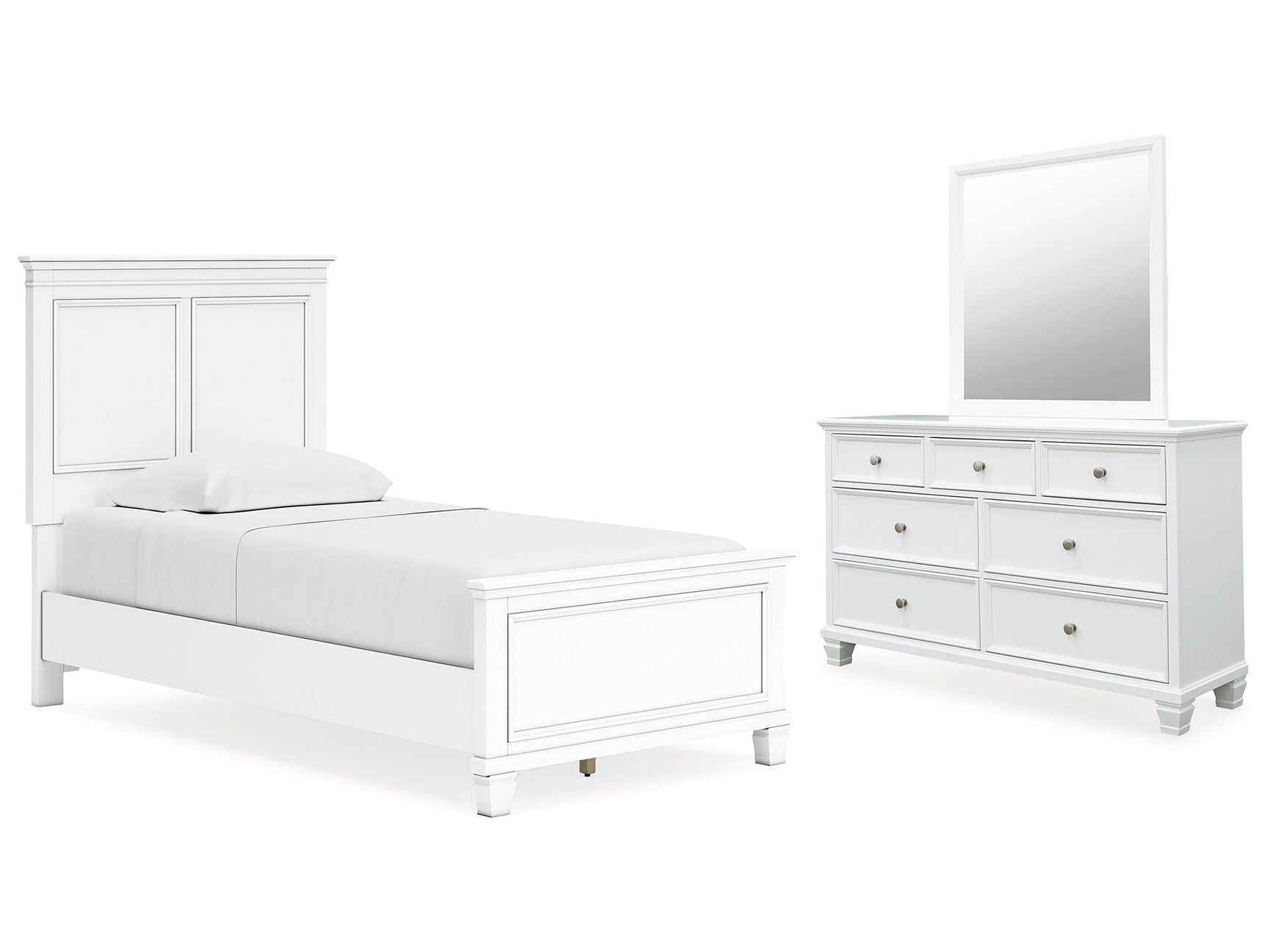 Fortman White Twin Panel Bed, Dresser and Mirror - Ornate Home