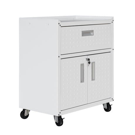 Fortress 31.5" Mobile Garage Cabinet with Drawer and Shelves in White - Ornate Home