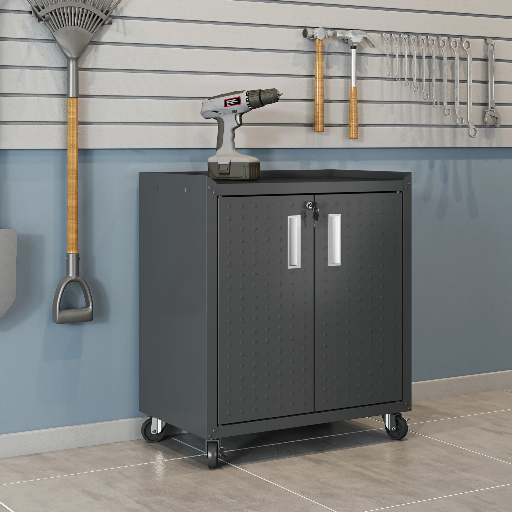 Fortress 31.5" Mobile Garage Cabinet with Shelves in Charcoal Grey - Ornate Home