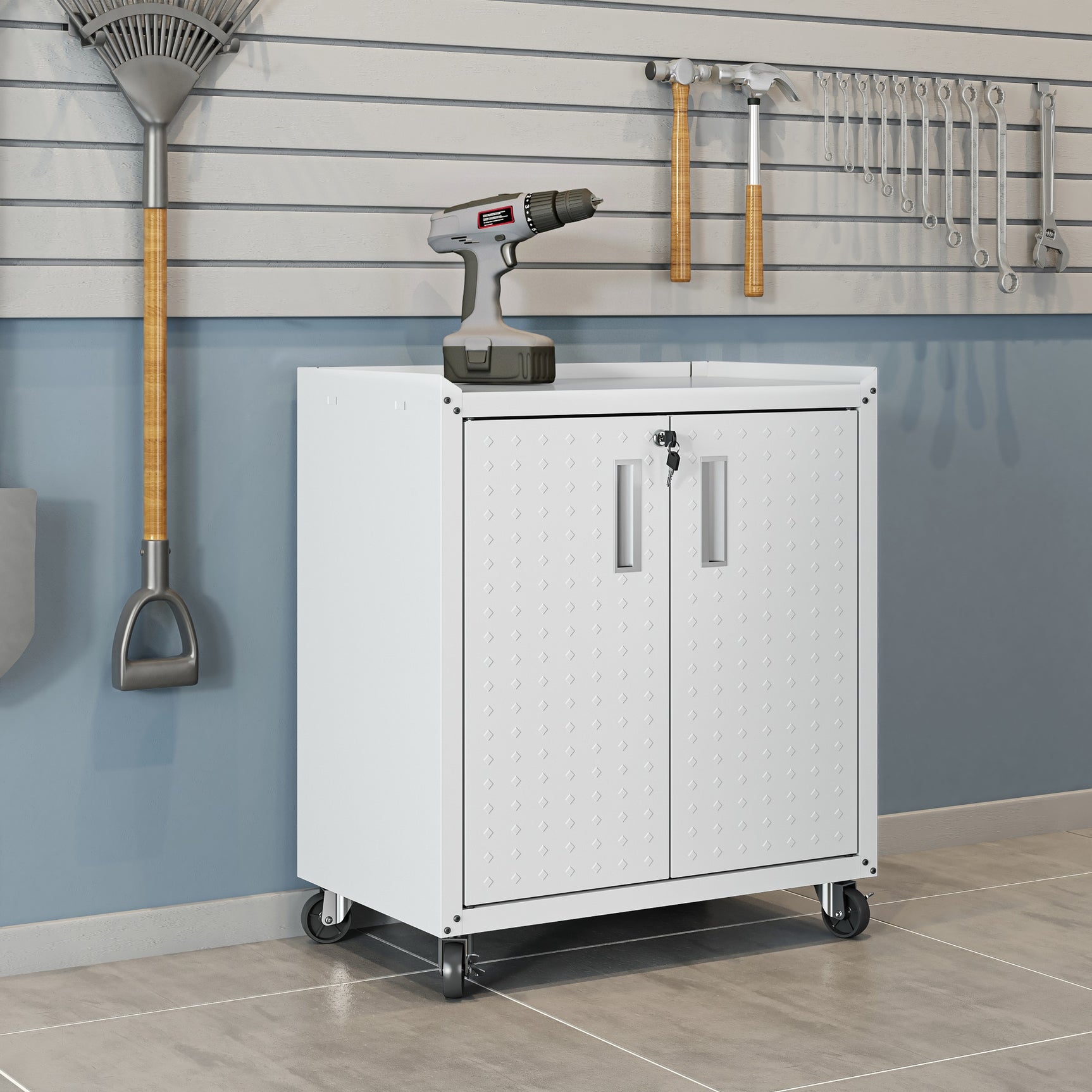Fortress 31.5" Mobile Garage Cabinet with Shelves in White - Ornate Home