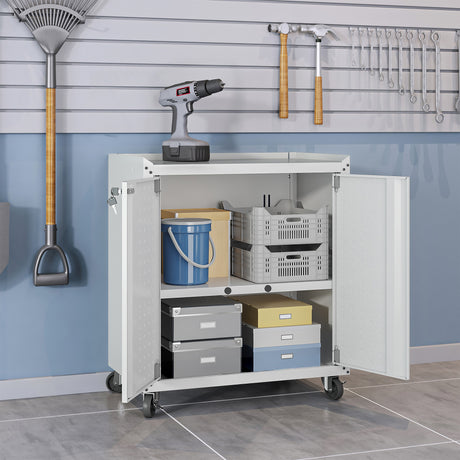 Fortress 31.5" Mobile Garage Cabinet with Shelves in White - Ornate Home