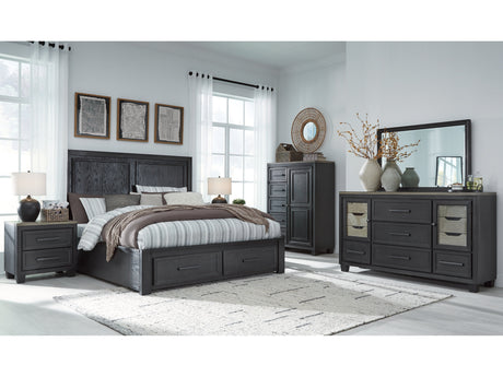 Foyland Black/Brown Cal King Panel Storage Bedroom Set with Dresser, Mirror, Chest and Nightstand - Ornate Home