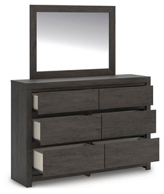 Fraluna Charcoal Queen Panel Bed, Dresser, Mirror, and Nightstand - Ornate Home