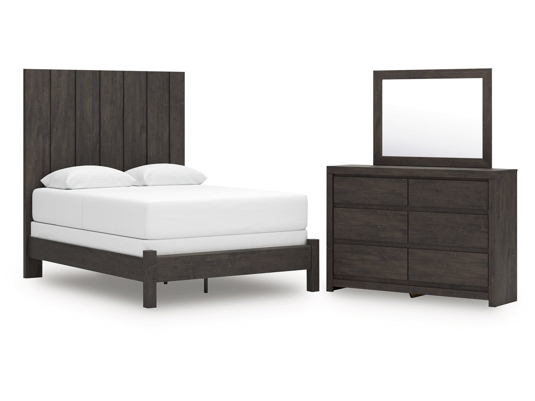Fraluna Charcoal Queen Panel Bed, Dresser and Mirror - Ornate Home