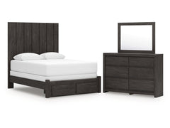 Fraluna Charcoal Queen Panel Storage Bed, Dresser and Mirror - Ornate Home
