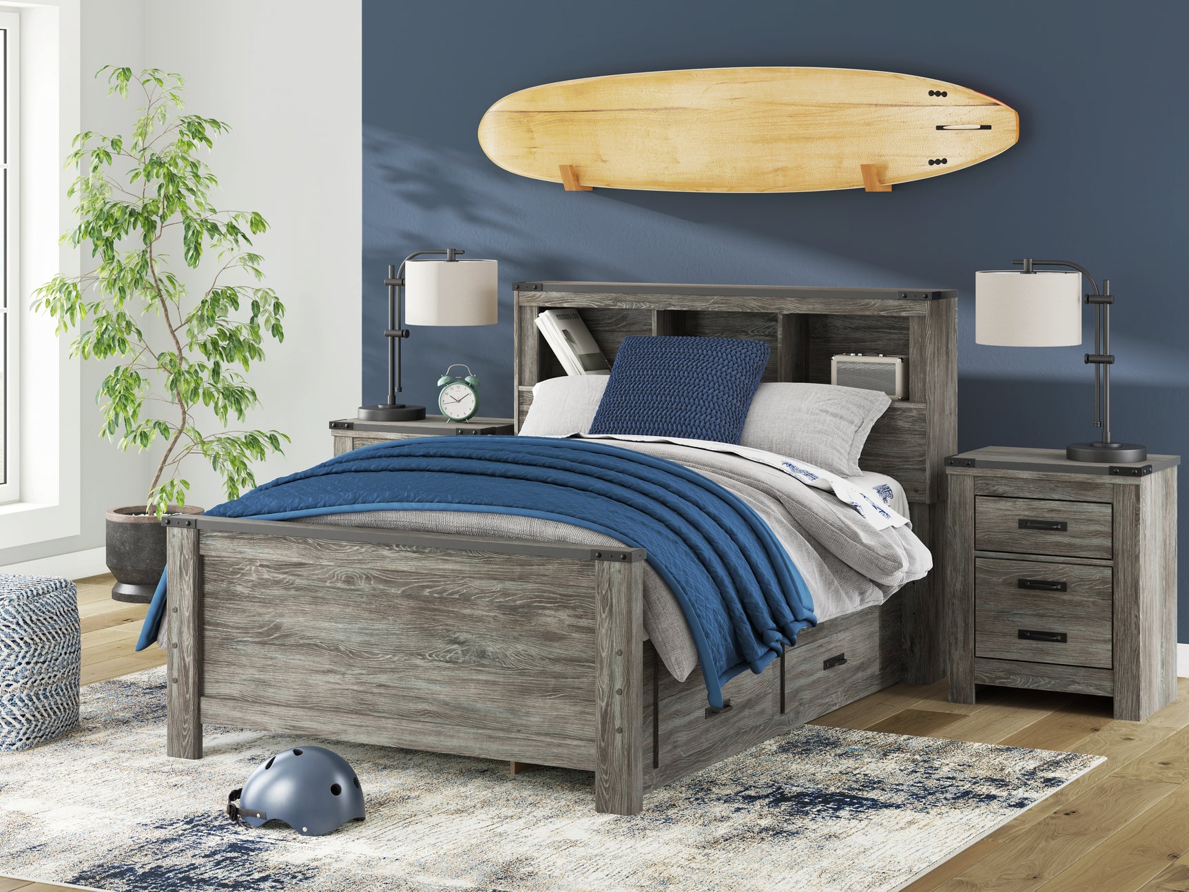 Frandern Gray Full Bookcase Bed with Storage, Dresser and Mirror - Ornate Home