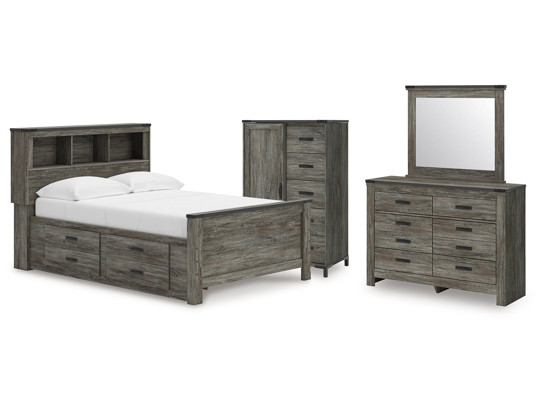 Frandern Gray Full Bookcase Panel Bed with Storage, Dresser, Mirror and Chest (Online Special Price) - Ornate Home