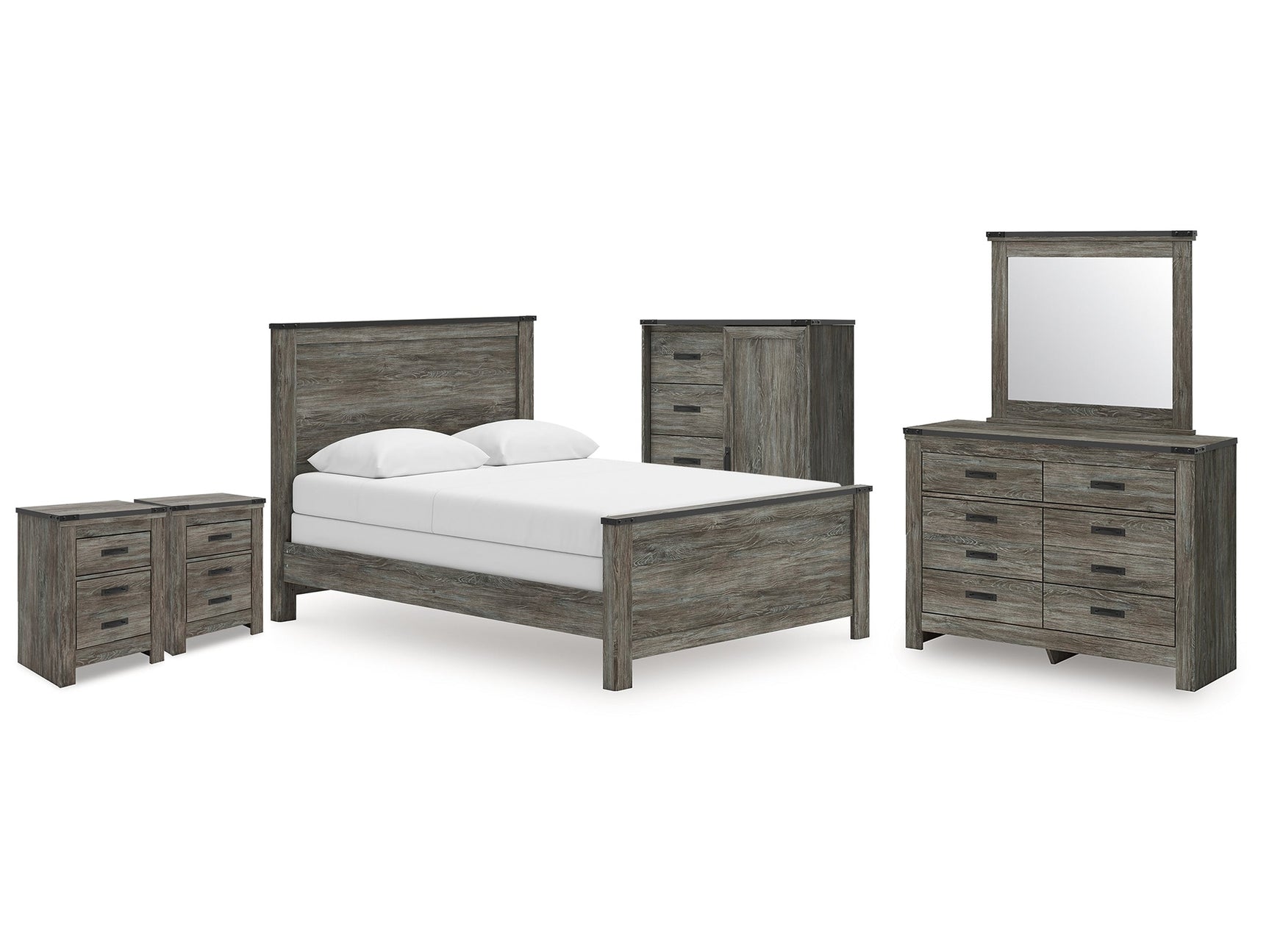 Frandern Gray Queen Panel Bed, Dresser, Mirror, Chest and 2 Nightstands - Ornate Home