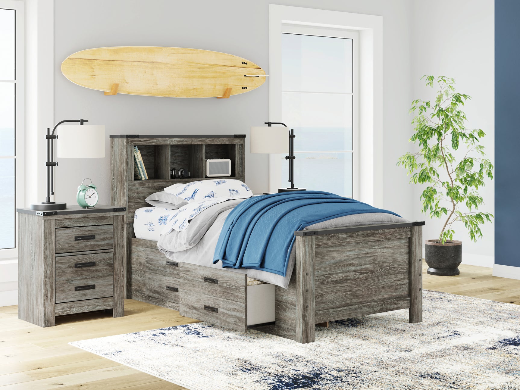 Frandern Gray Twin Bookcase Bed with Storage, Dresser and Mirror (Online Special Price) - Ornate Home
