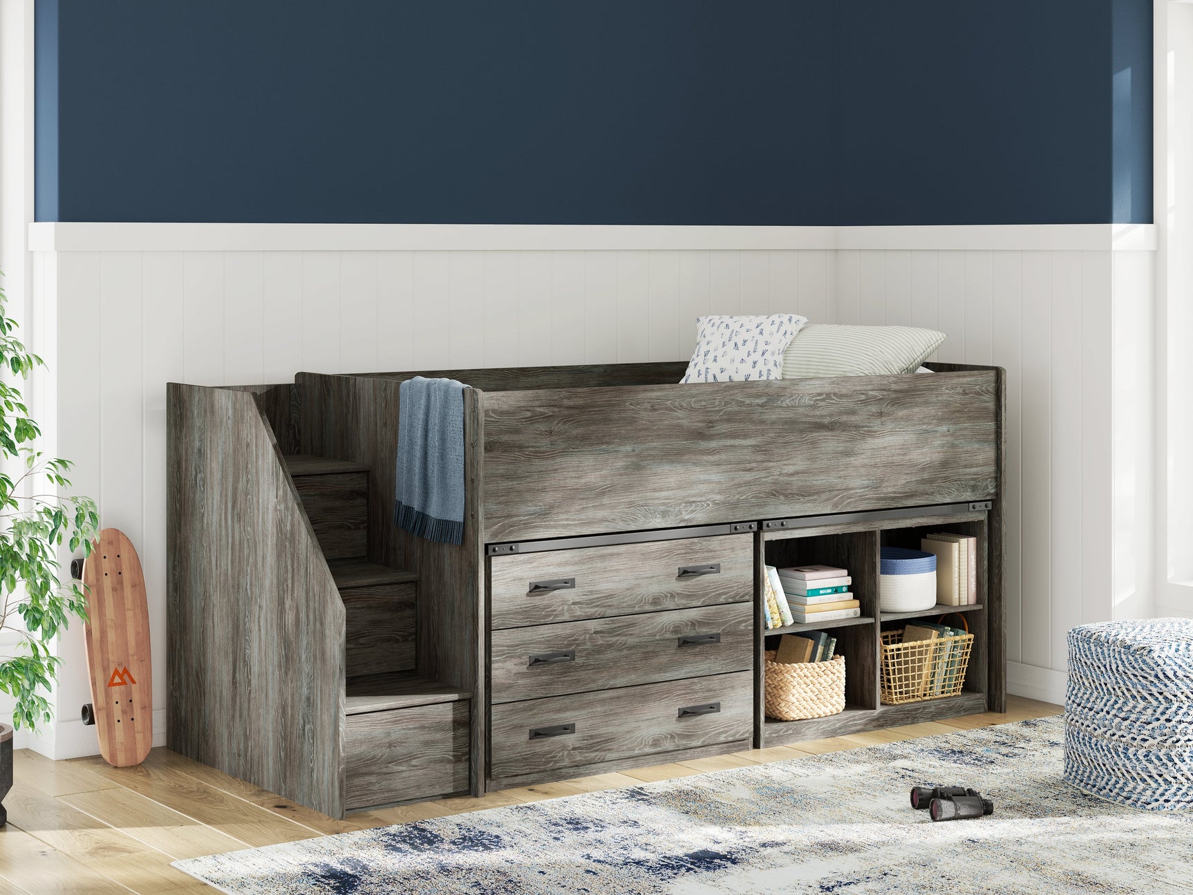 Frandern Gray Twin Loft Bed with Bookcase and Drawer Storage (Online Special Price) - Ornate Home