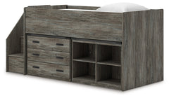 Frandern Gray Twin Loft Bed with Bookcase and Drawer Storage - Ornate Home