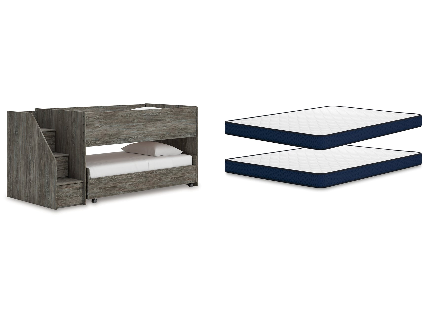 Frandern Warm Gray Twin Over Twin Loft Bed and Mattresses - Ornate Home