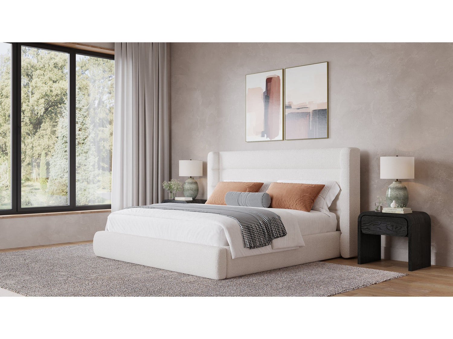 Frank Upholstered California King Wingback Platform Bed in Cottage Cheese Boucle - Ornate Home