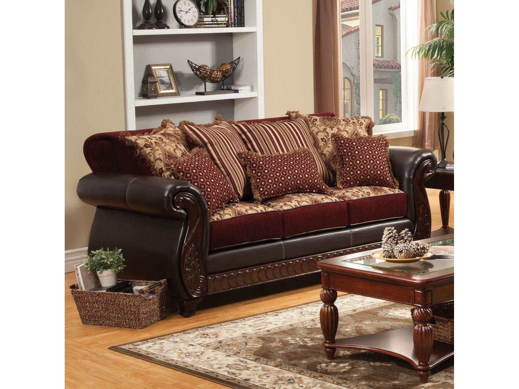 Franklin Burgundy & Espresso Stationary Sofa - Ornate Home