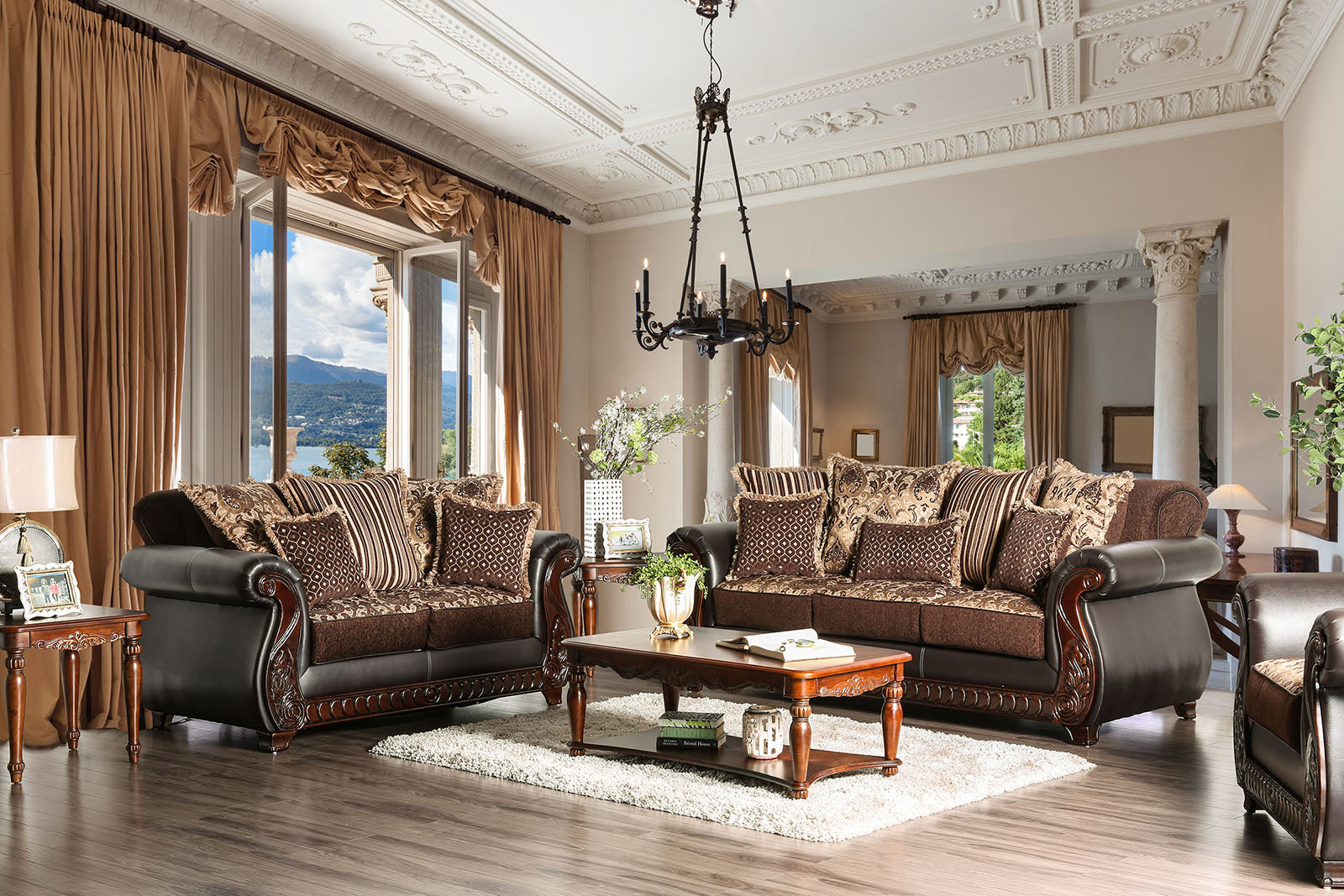Franklin Dark Brown & Tan Stationary Sofa & Loveseat 2pc - Ornate Home