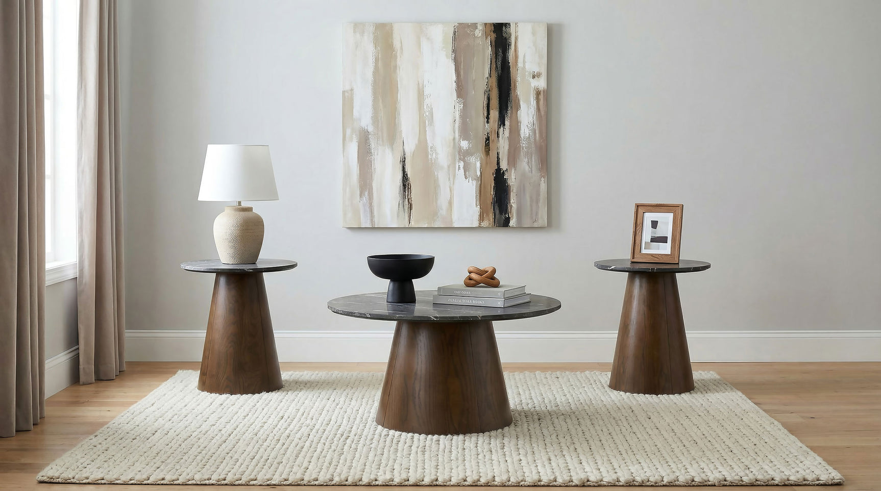 Franklin Grey/Dark Brown 3-piece Round Pedestal Coffee Table Set - Ornate Home