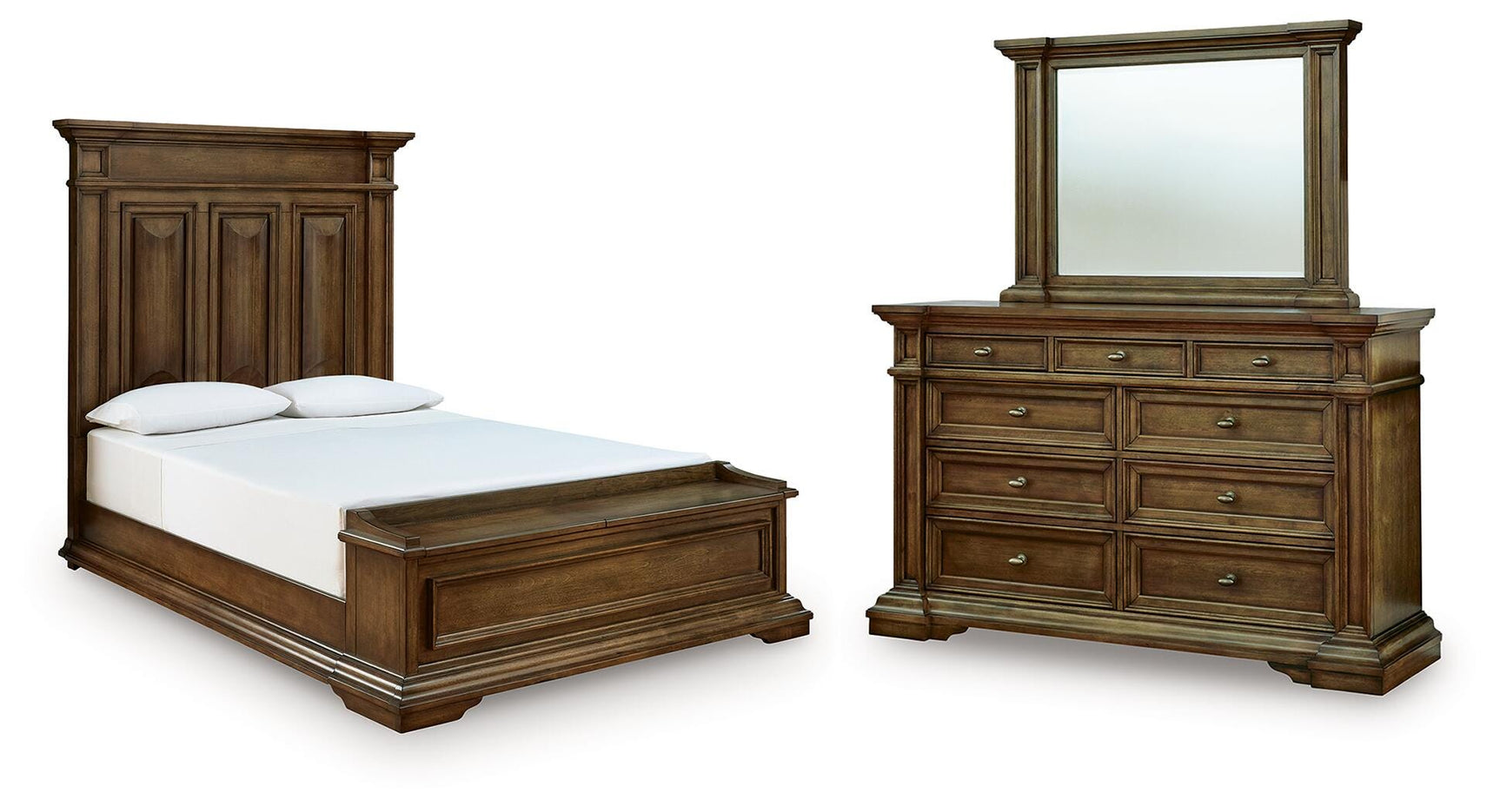 Frantanna Brown Queen Panel Storage Bed, Dresser and Mirror - Ornate Home
