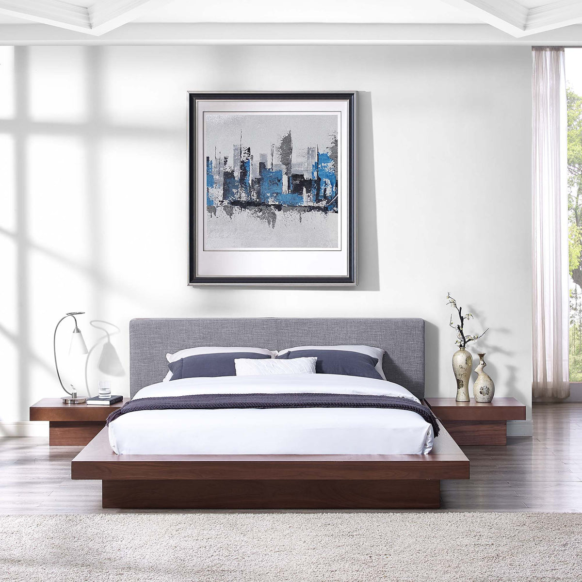 Freja Walnut/Gray 3 Piece Fabric Queen Bedroom Set - Ornate Home