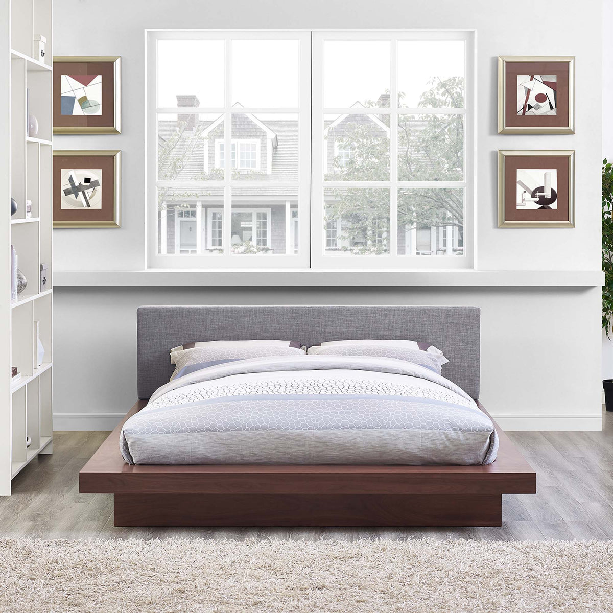 Freja Walnut/Gray Fabric Queen Platform Bed - Ornate Home