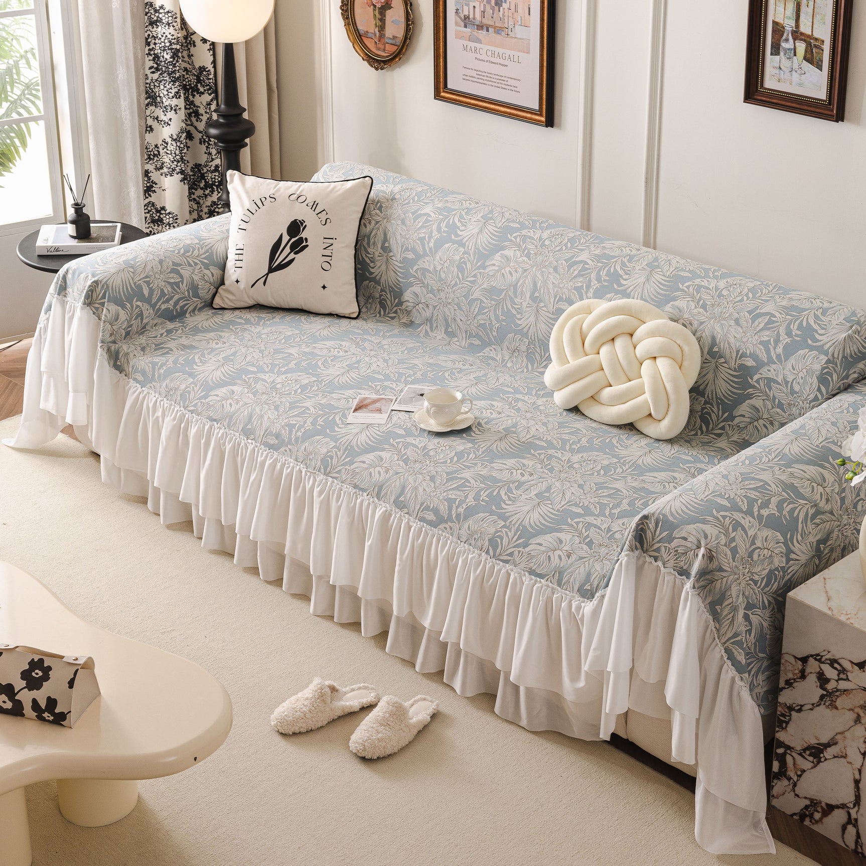 French Chic Style Ruffle Floral Cover Throws for Sofas, Decorative Couch Covers - Ornate Home