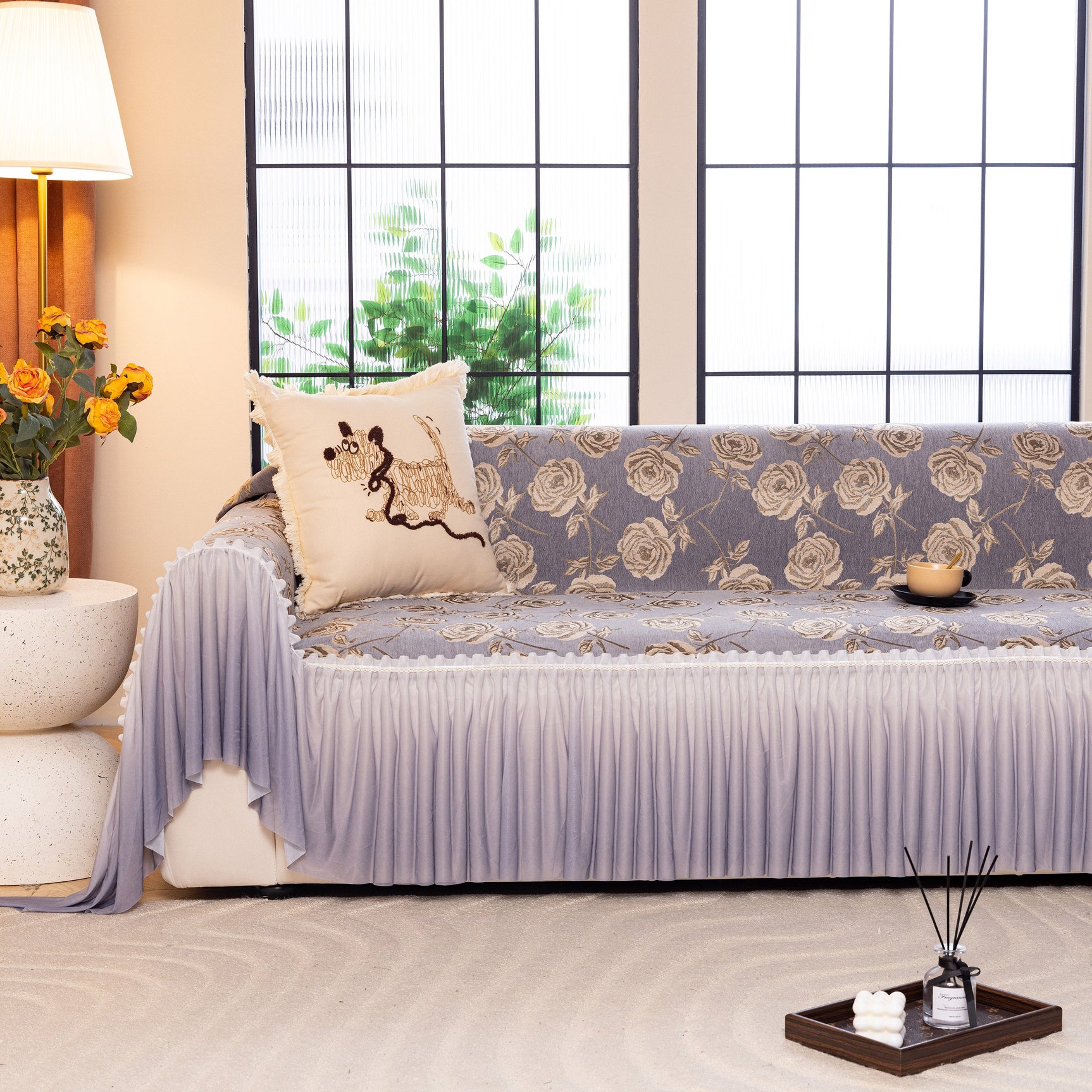 French Country Floral Sofa Cover with Ruffled Skirt, Farmhouse Decor for Living Room - Ornate Home