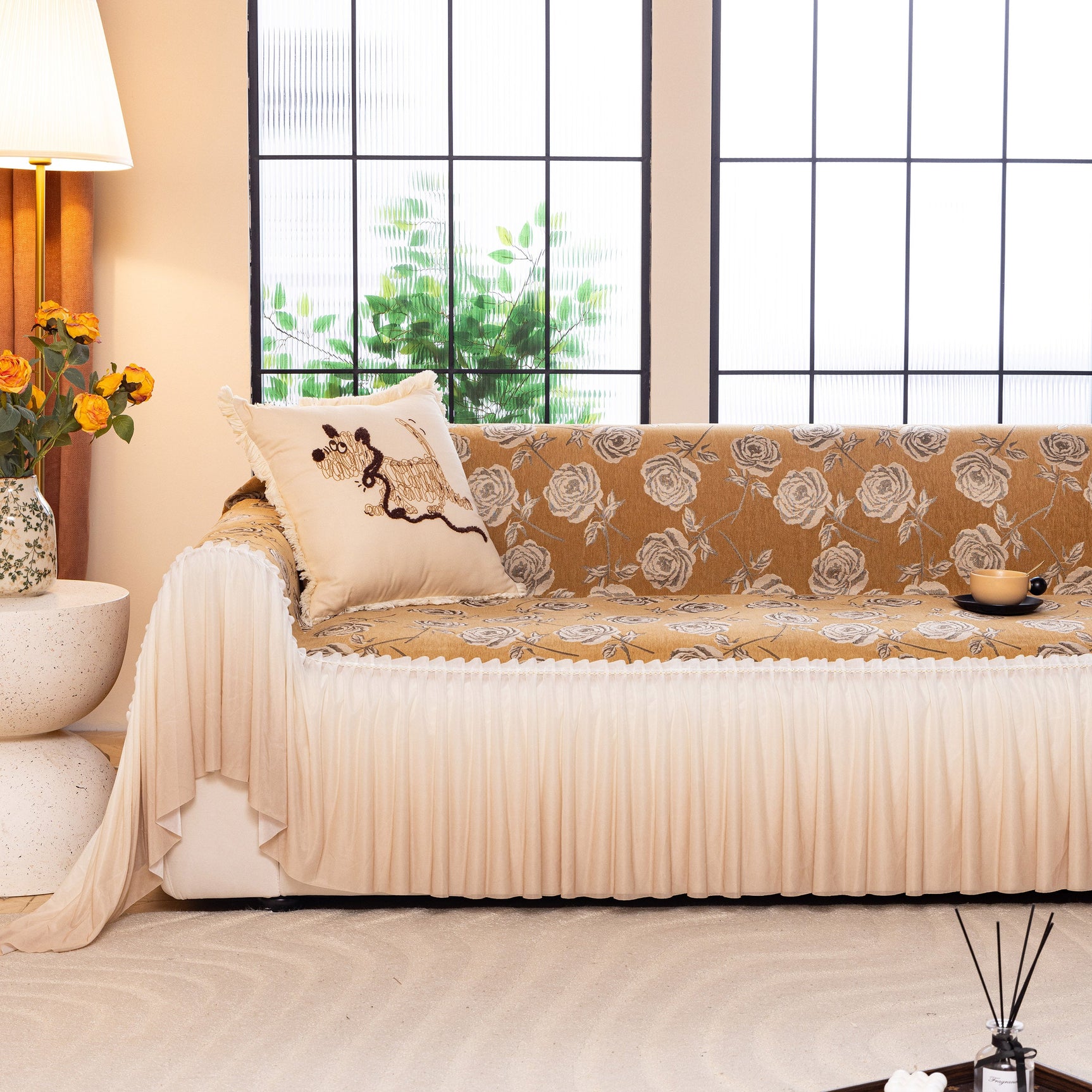French Country Floral Sofa Cover with Ruffled Skirt, Farmhouse Decor for Living Room - Ornate Home