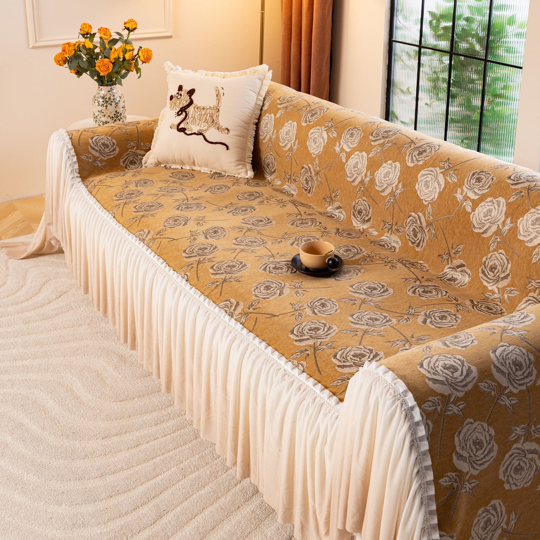 French Country Floral Sofa Cover with Ruffled Skirt, Farmhouse Decor for Living Room - Ornate Home