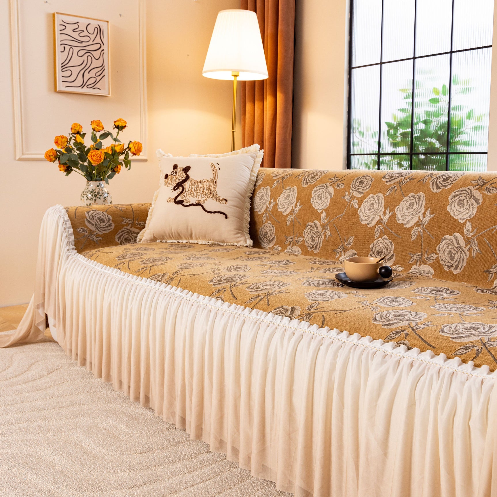 French Country Floral Sofa Cover with Ruffled Skirt, Farmhouse Decor for Living Room - Ornate Home