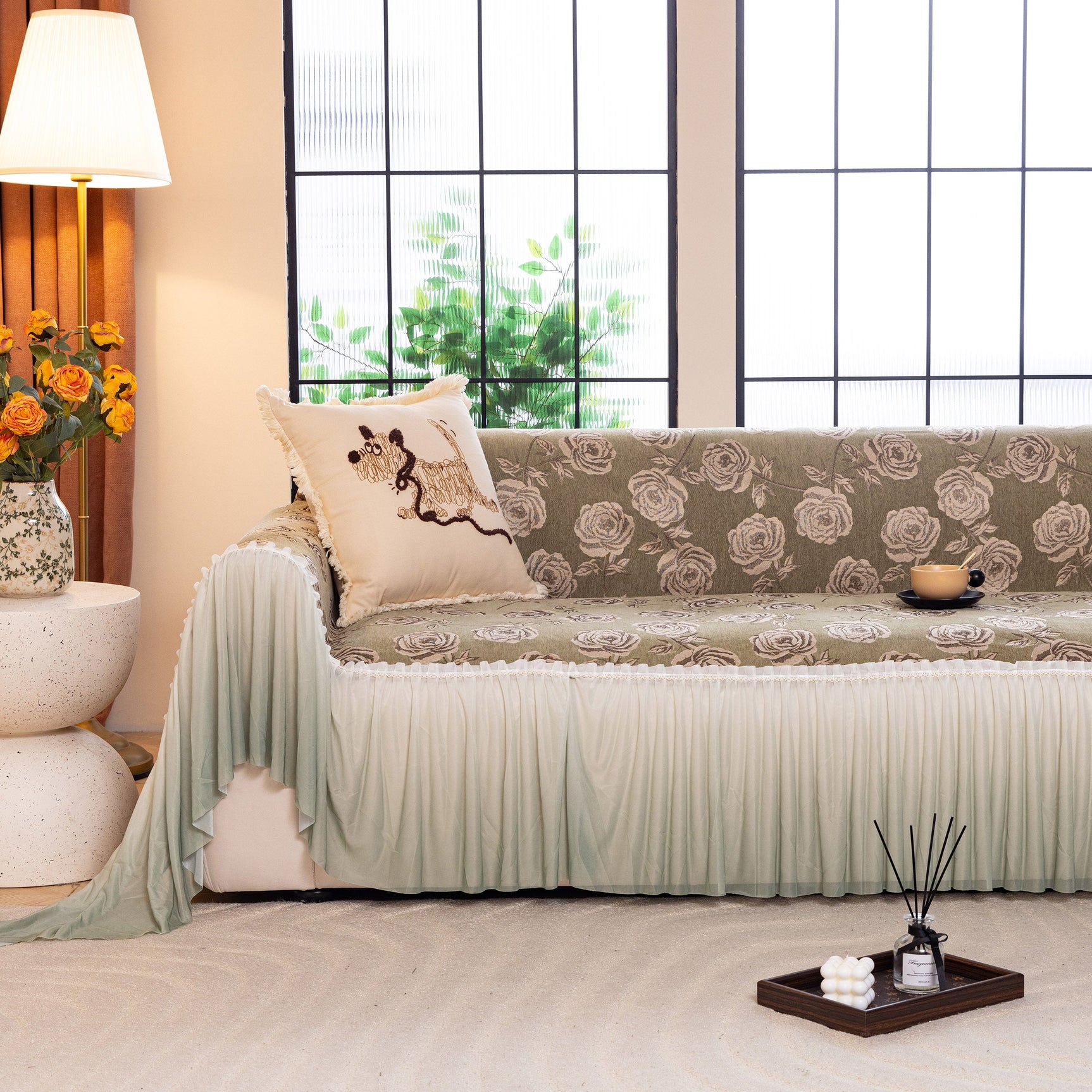 French Country Floral Sofa Cover with Ruffled Skirt, Farmhouse Decor for Living Room - Ornate Home