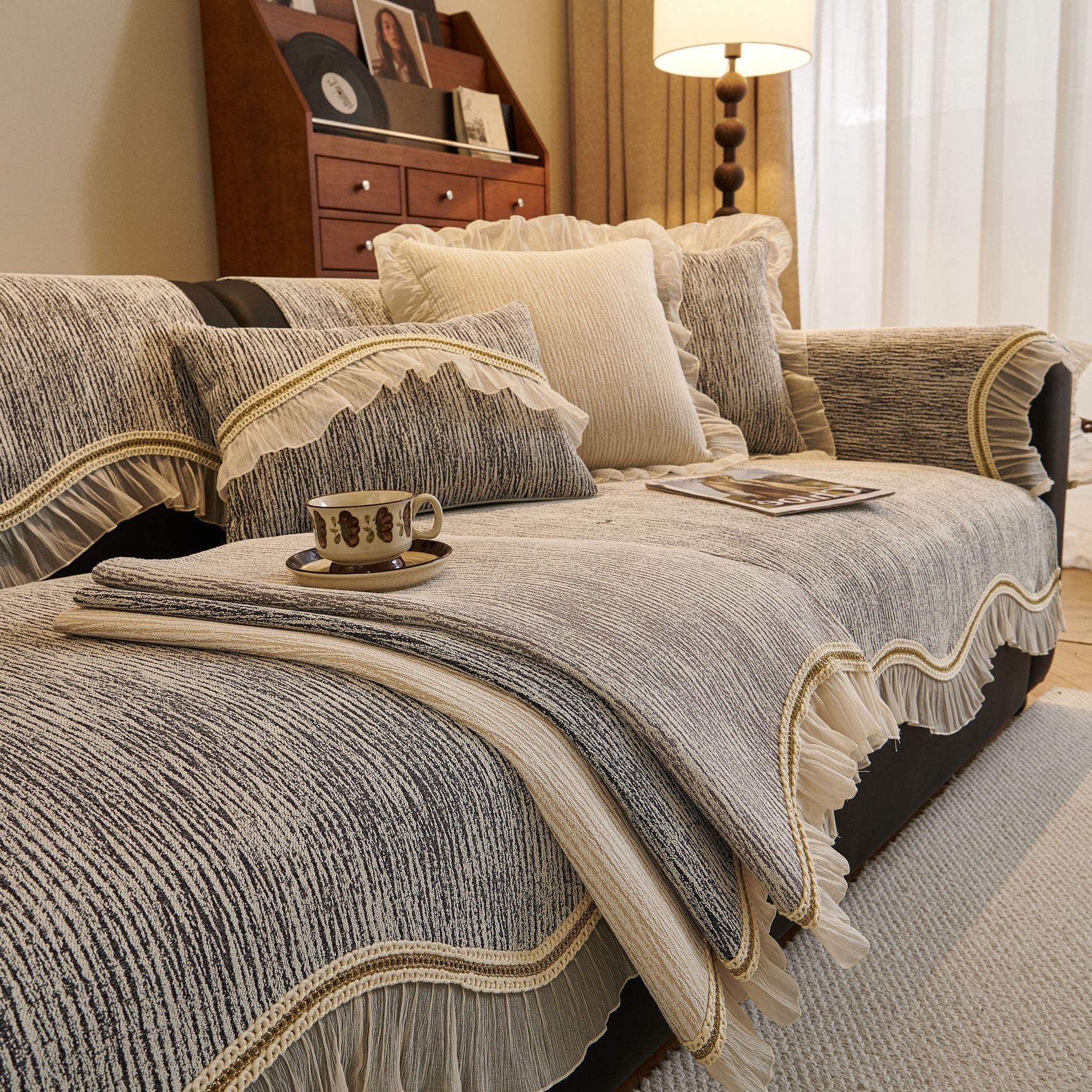 French Vintage Style Couch Cover with Skirt,  Non-Slip Sectional Furniture Covers - Ornate Home