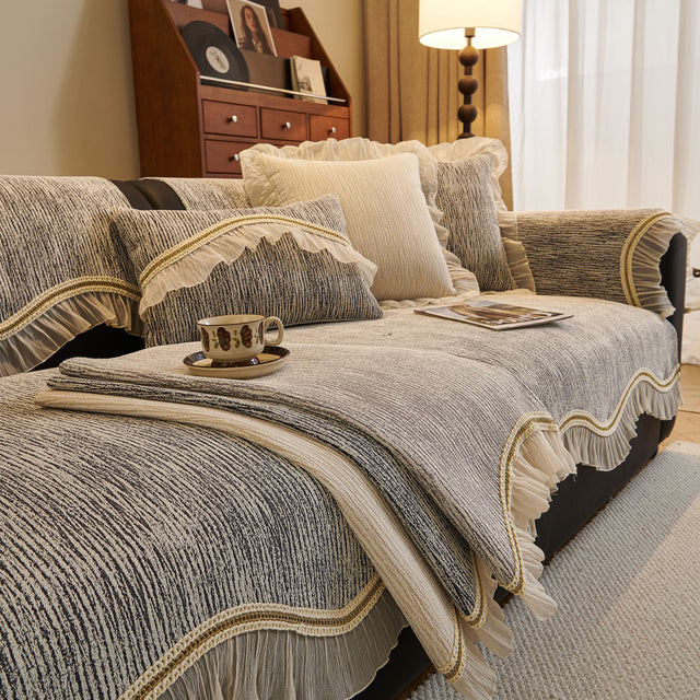 French Vintage Style Couch Cover with Skirt,  Non-Slip Sectional Furniture Covers - Ornate Home