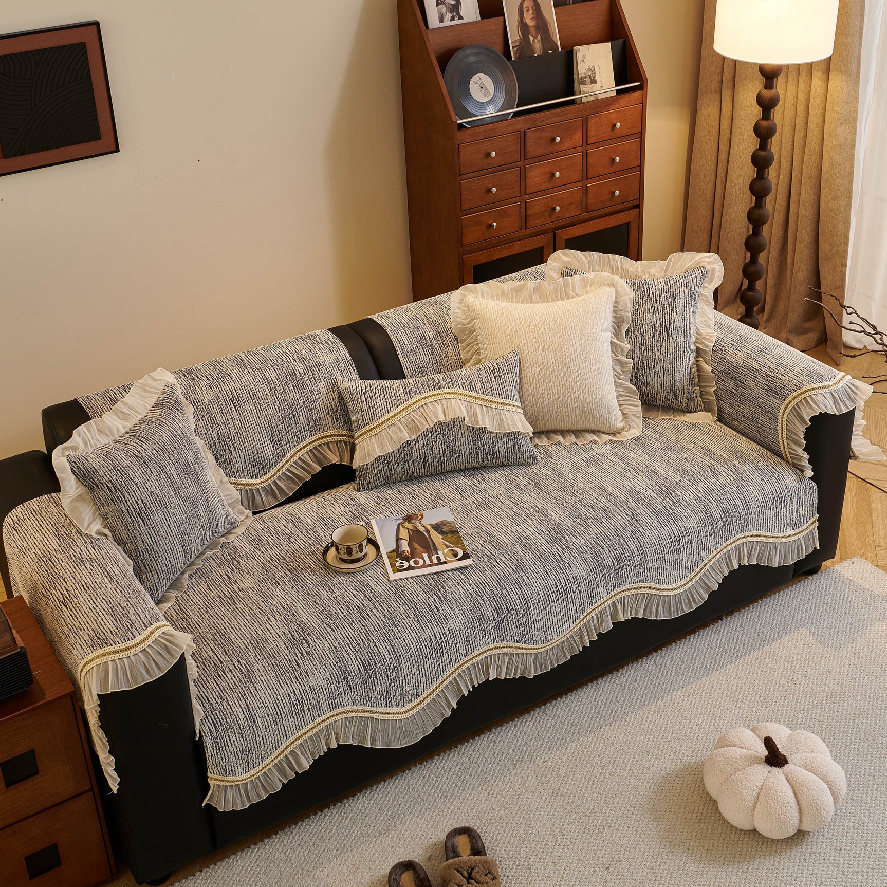 French Vintage Style Couch Cover with Skirt,  Non-Slip Sectional Furniture Covers - Ornate Home