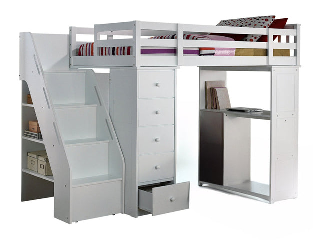 Freya Loft Bed with Bookcase Ladder in White - Ornate Home